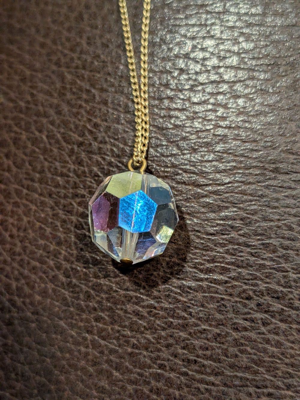 Gold Tone Chain Necklace 8" with Iridescent Aurora Borealis Crystal Pendant